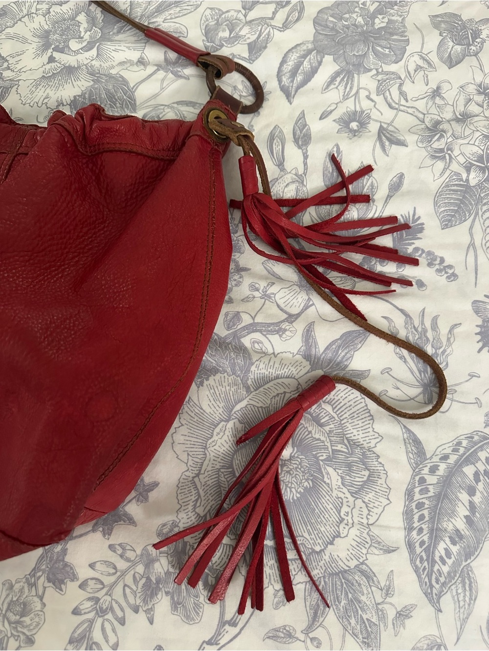 Lucky Brand Red Leather Drawstring Hobo with Fringe - Picture 2 of 11